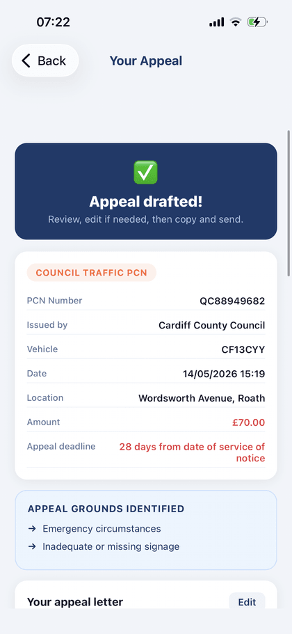 A completed PCN appeal letter in the app